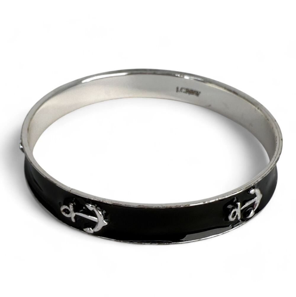 J Crew Anchor Bangle Bracelet Black Enamel Silver Tone Nautical Rockabilly